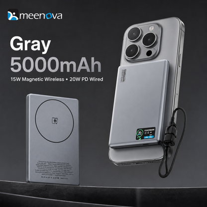 Meenova HDL-007 Ultra-Slim Magnetic Power Bank with Built-in USB-C Lanyard Cable, 15W Wireless Charging, 20W PD & TFT Display, Compatible with iPhone 18 Pro Max & iPhone Duo