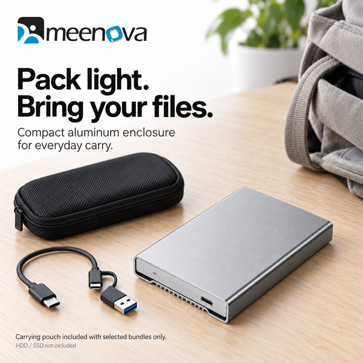 Meenova 2.5-Inch SATA HDD/SSD Enclosure, USB-C 5Gbps Aluminum Case with 2-in-1 Cable