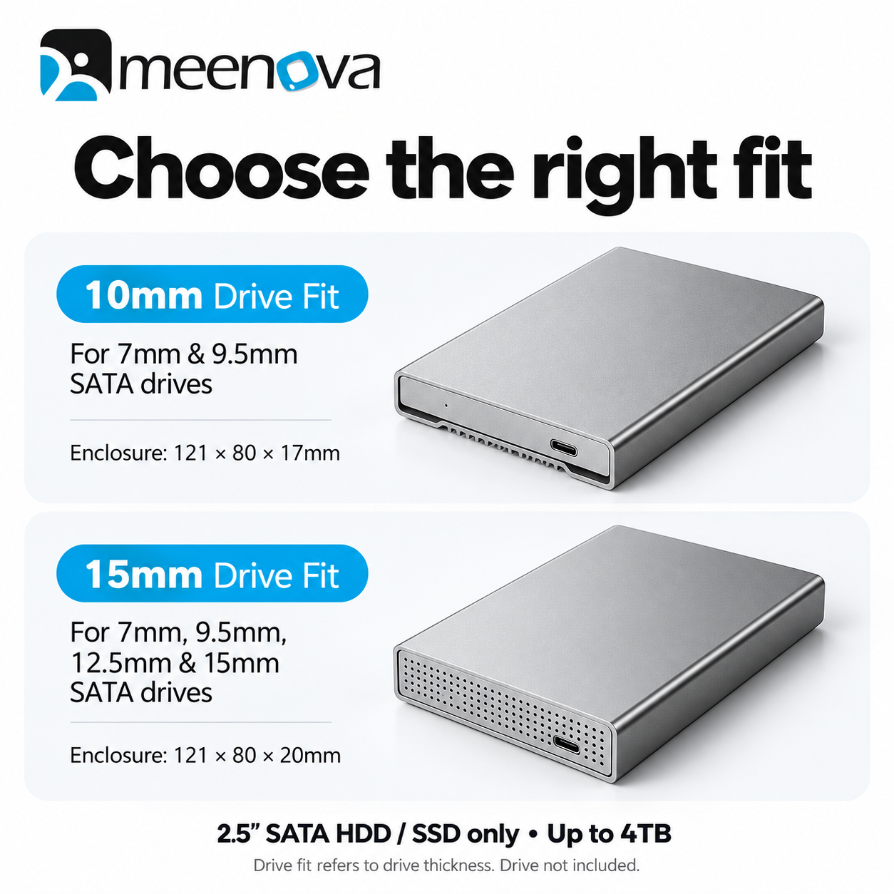 Meenova 2.5-Inch SATA HDD/SSD Enclosure, USB-C 5Gbps Aluminum Case with 2-in-1 Cable