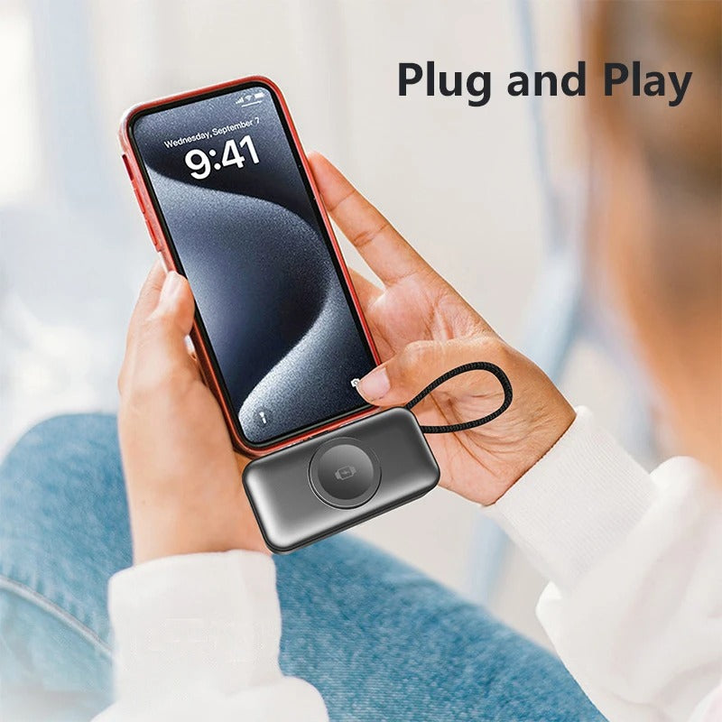 Meenova 5000mAh Mini Power Bank PD20W Fast Charger, 3-in-1 Magnetic Wireless Charger with Type-C Plug & Built-in C/Lightning Cable, Portable Charging Station with LED Light & Phone Holder