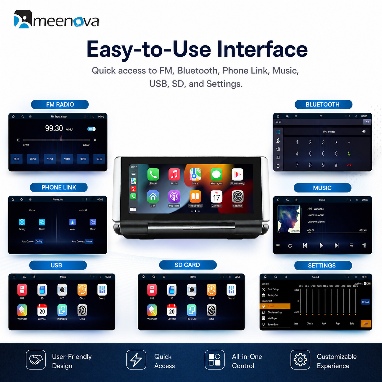 Meenova Flip Out Screen Car Stereo 7 Inch Wireless CarPlay Android Auto Mirrorlink FM Transmitter Bluetooth Reversing Camera B5370