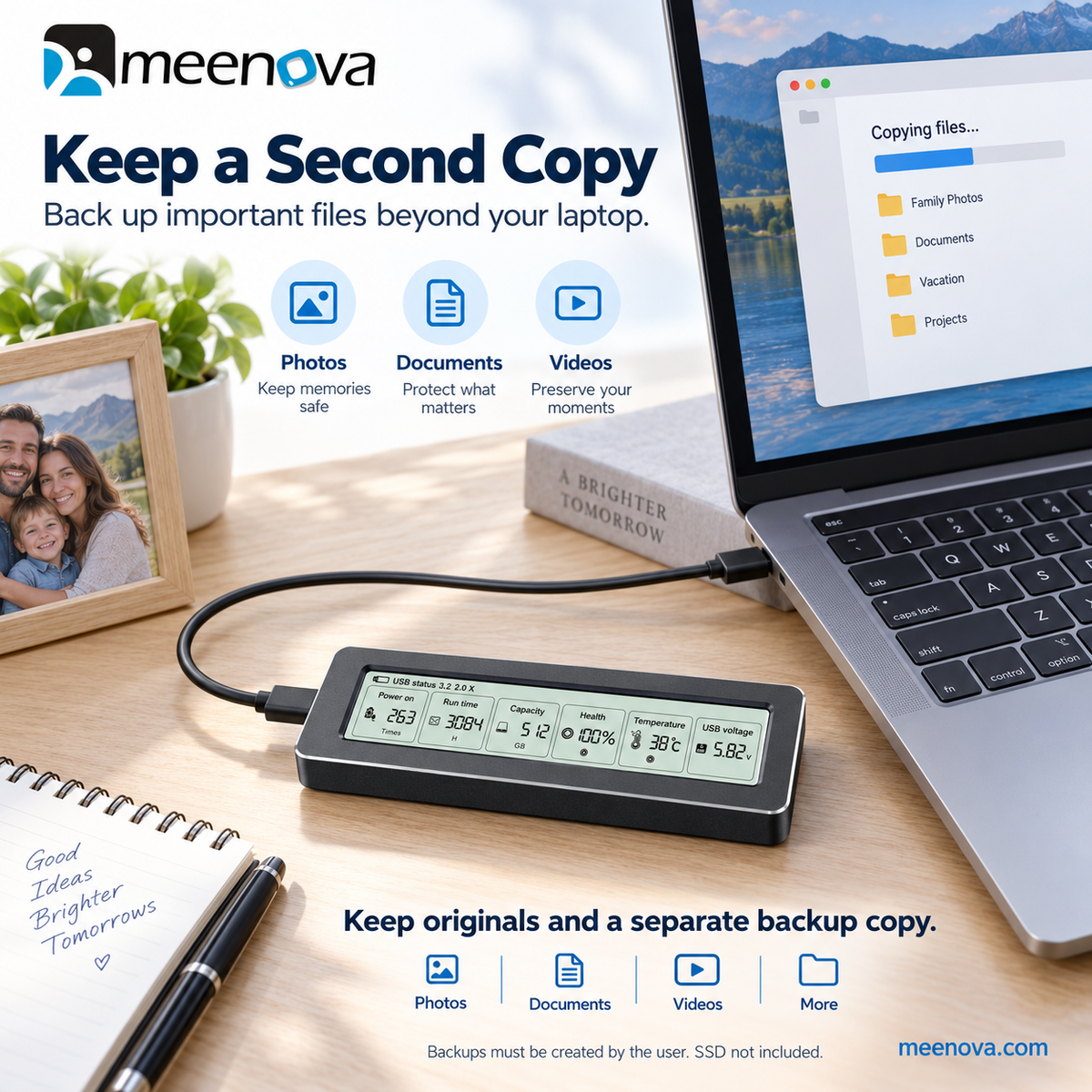 Meenova Smart Display M.2 NVMe SSD Enclosure, USB 3.2 Gen 2 10Gbps, All-Aluminum, M-Key & B+M Key, 2230/2242/2260/2280, Up to 8TB