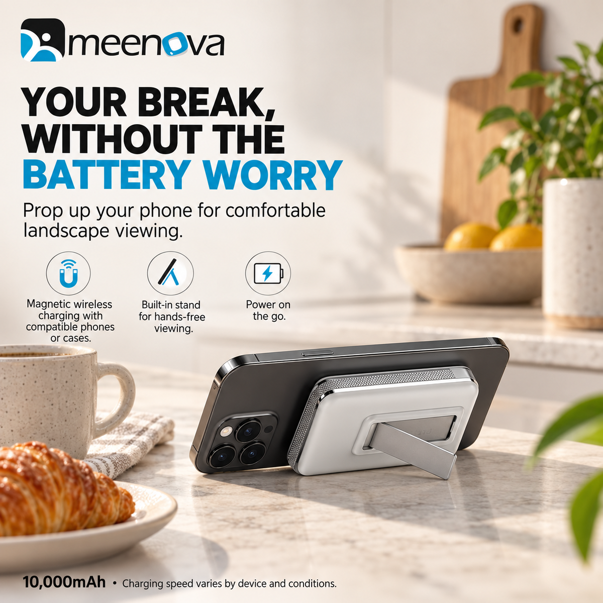 Meenova Qi2.2 25W Magnetic Power Bank 10000mAh with 35W PD Fast Charging, Detachable USB-C Cable & Kickstand