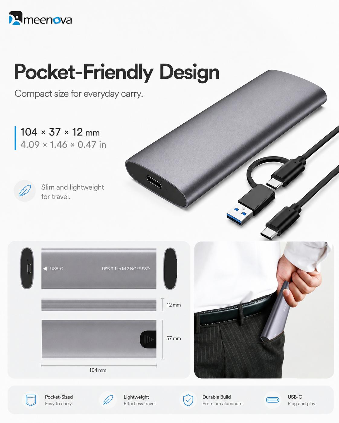 Meenova Tool-Free USB-C M.2 SSD Enclosure – Aluminum External Case for NGFF SATA or NVMe SSD