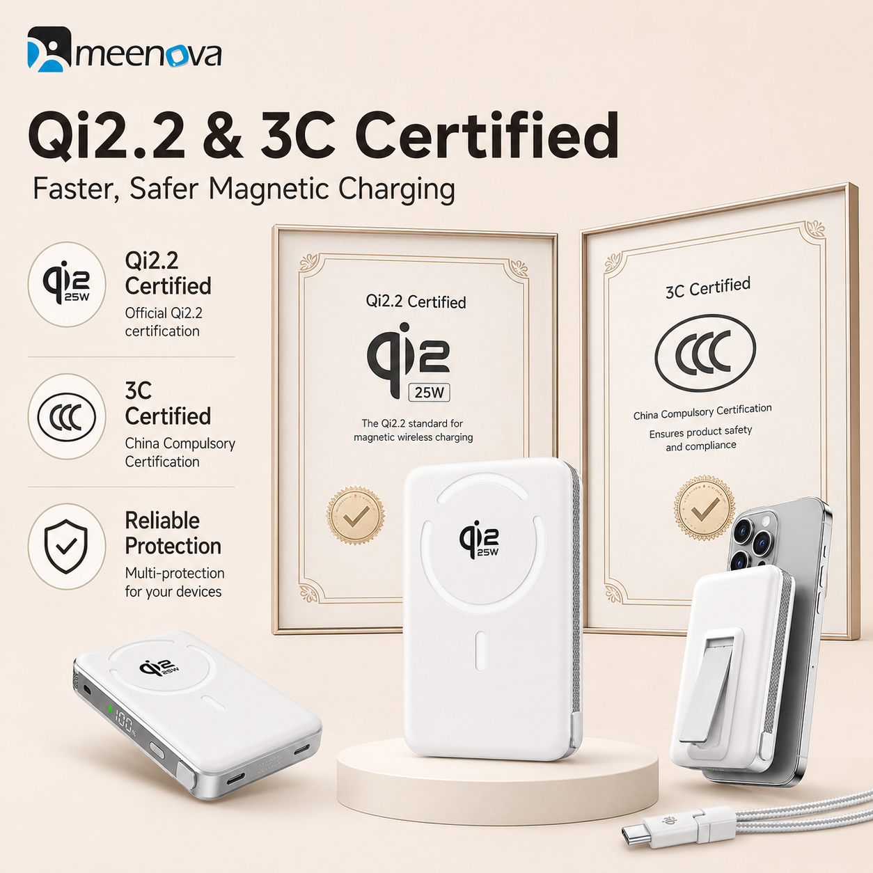 Meenova Qi2.2 25W Magnetic Power Bank 10000mAh with 35W PD Fast Charging, Detachable USB-C Cable & Kickstand