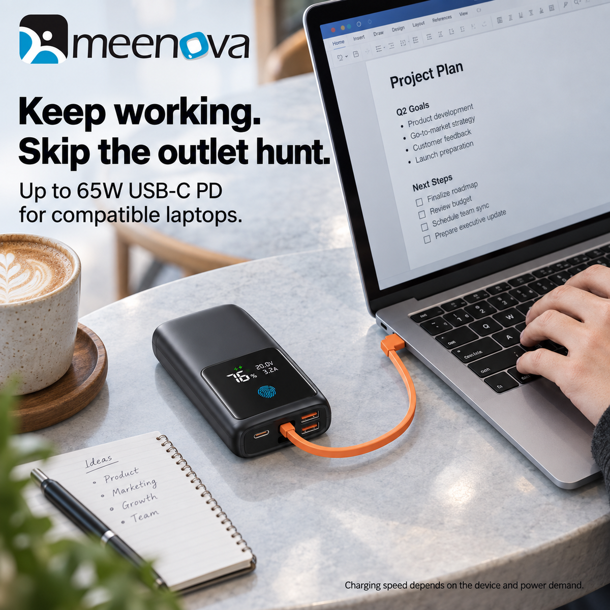 Meenova 65W 20000mAh Laptop Power Bank with Built-in USB-C Cable, PD Fast Charging, 2 USB-A Ports & Smart Digital Display, Portable Charger for iPhone 18 Pro Max, iPhone Duo, Laptop & Tablet