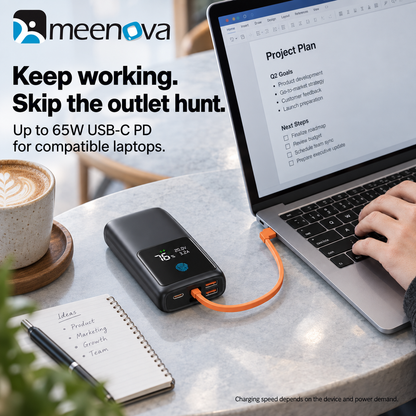 Meenova 65W 20000mAh Laptop Power Bank with Built-in USB-C Cable, PD Fast Charging, 2 USB-A Ports & Smart Digital Display, Portable Charger for iPhone 18 Pro Max, iPhone Duo, Laptop & Tablet