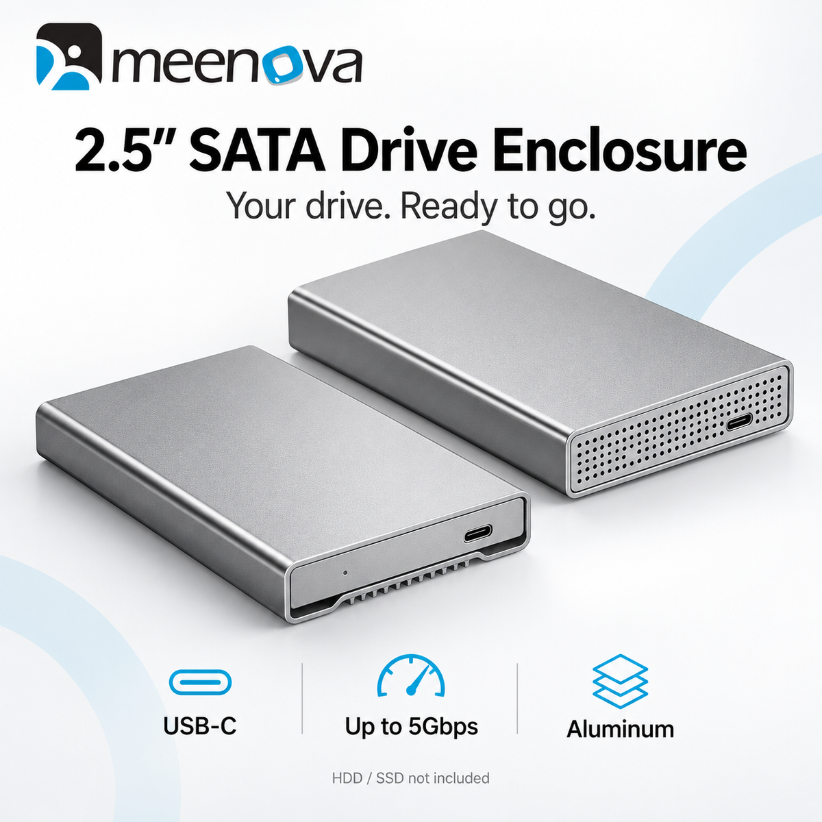 Meenova 2.5-Inch SATA HDD/SSD Enclosure, USB-C 5Gbps Aluminum Case with 2-in-1 Cable
