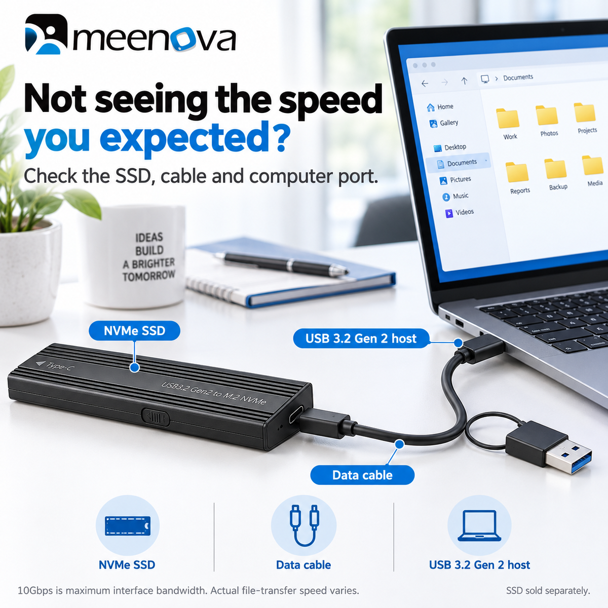 Meenova 10Gbps M.2 NVMe SSD Enclosure with C-C-A Cable – USB 3.2 Gen 2 Type-C Tool-Free Aluminum Case