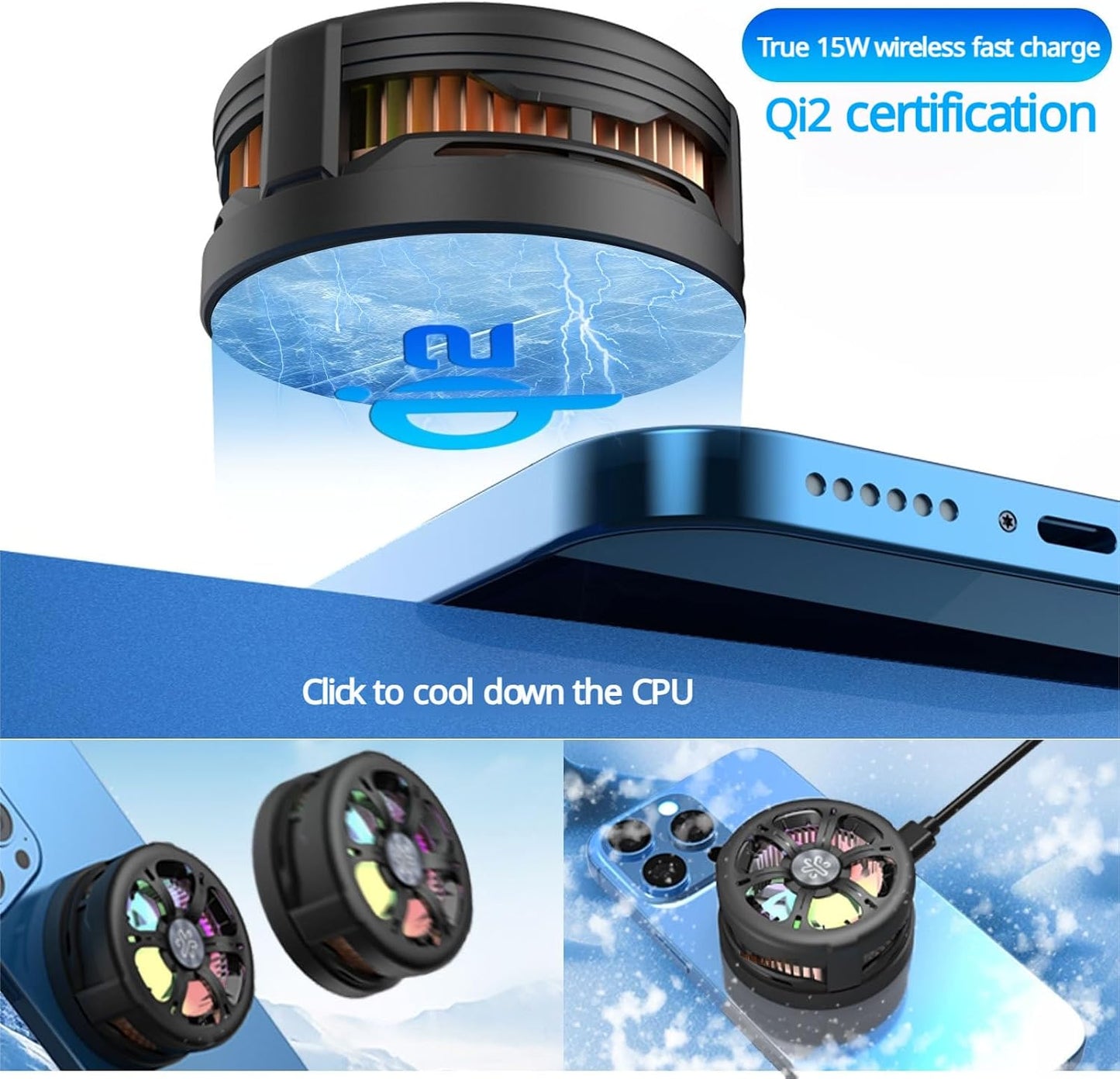 Compatible with MagSafe 15W Semiconductor Cooling Wireless Charger with RGB Light - 5W TEC Fast Cooling & Qi2 Certified Magnetic Black Phone Charger for iPhone 12-15/Samsung