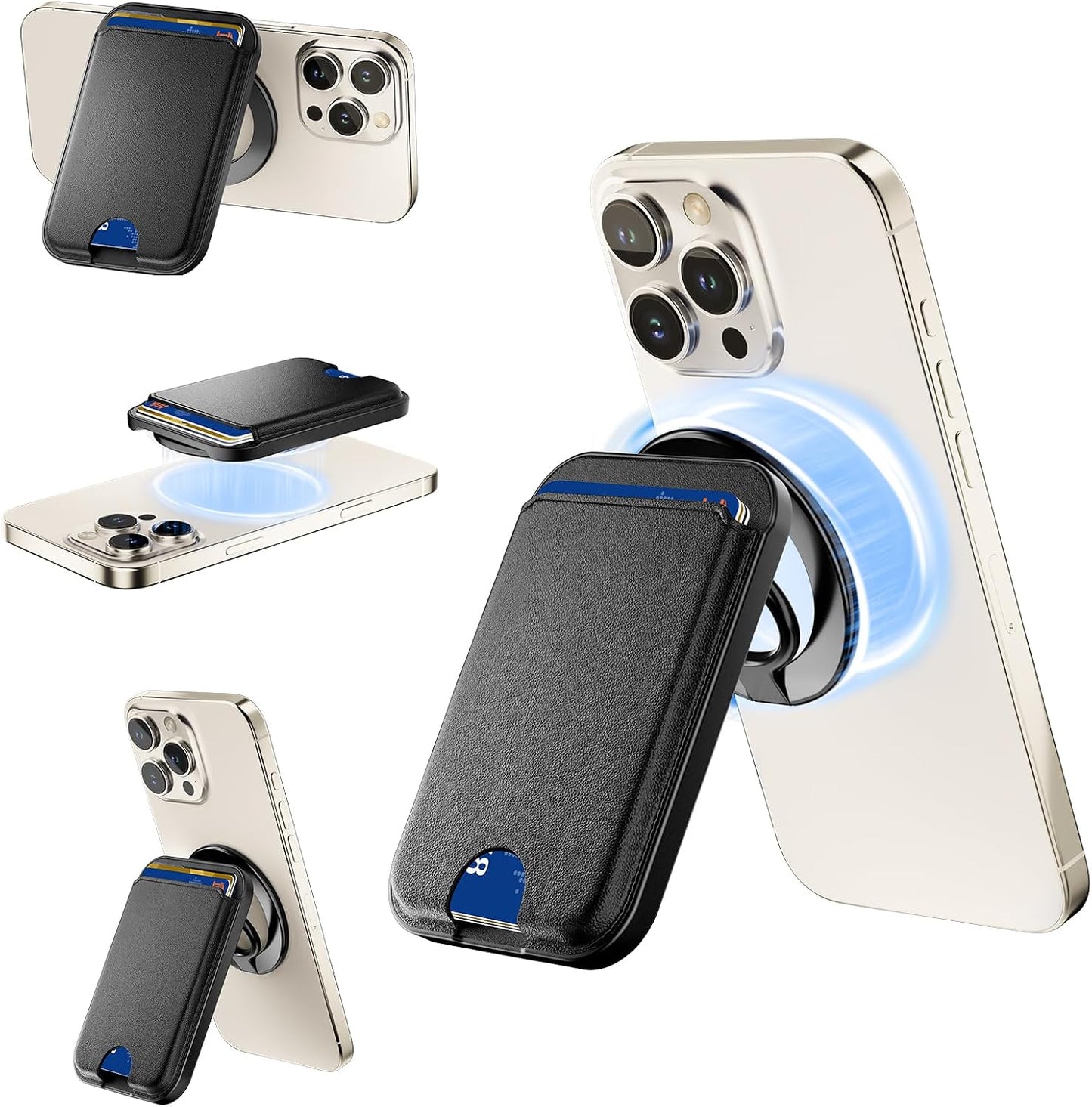 Meenova Strong Magnetic Phone Wallet Black, 360° Adjustable Stand PU Leather Card Holder for MagSafe iPhone 12-17 Series