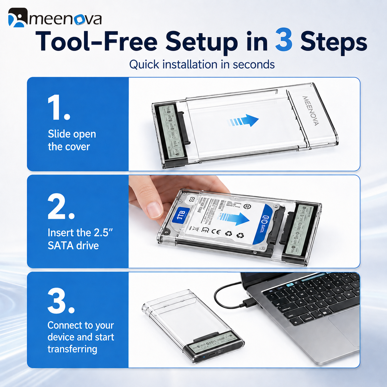 Meenova Smart Display 2.5" SATA HDD/SSD Enclosure – USB 3.2 Gen 1 5Gbps, Real-Time Drive Monitoring, Tool-Free External Hard Drive Case