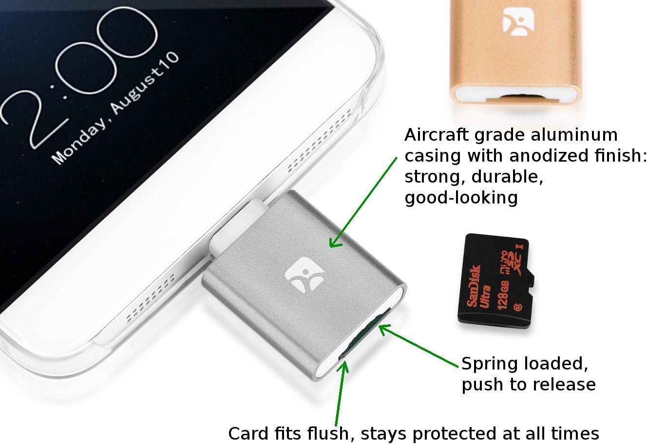 Dash Micro G3 MicroSD Reader Type-C, Silver, for Samsung Galaxy s20/10/9/8/7 Note 20/9/8/7, Google Pixel (Gold)