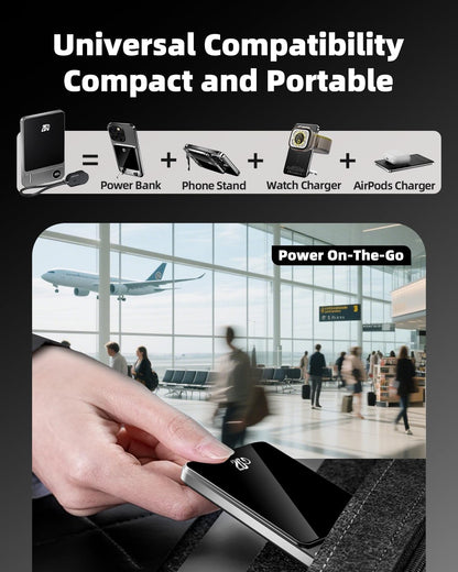 3 in 1 for MagSafe Power Bank 10000mAh 20W PD Fast Charging Wireless Magnetic Portable Charger,Foldable Stand & LED Display Battery Pack Compatible for iPhone 18/17/16/15/14/13/12 Series (10000mAh)