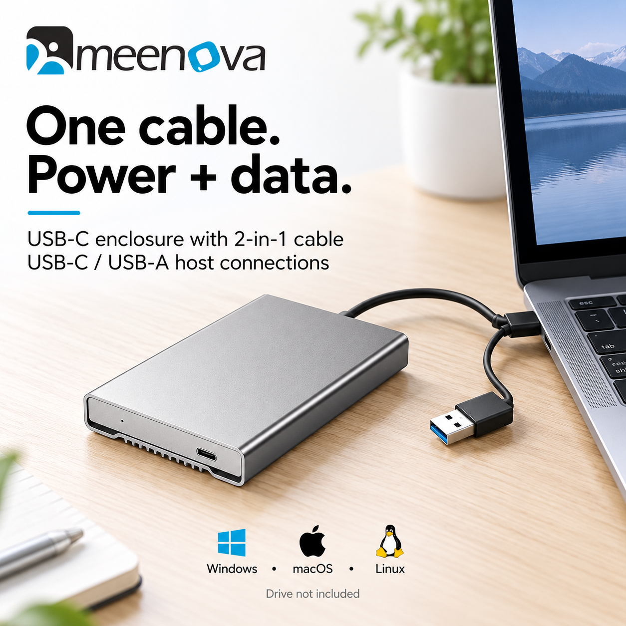 Meenova 2.5-Inch SATA HDD/SSD Enclosure, USB-C 5Gbps Aluminum Case with 2-in-1 Cable