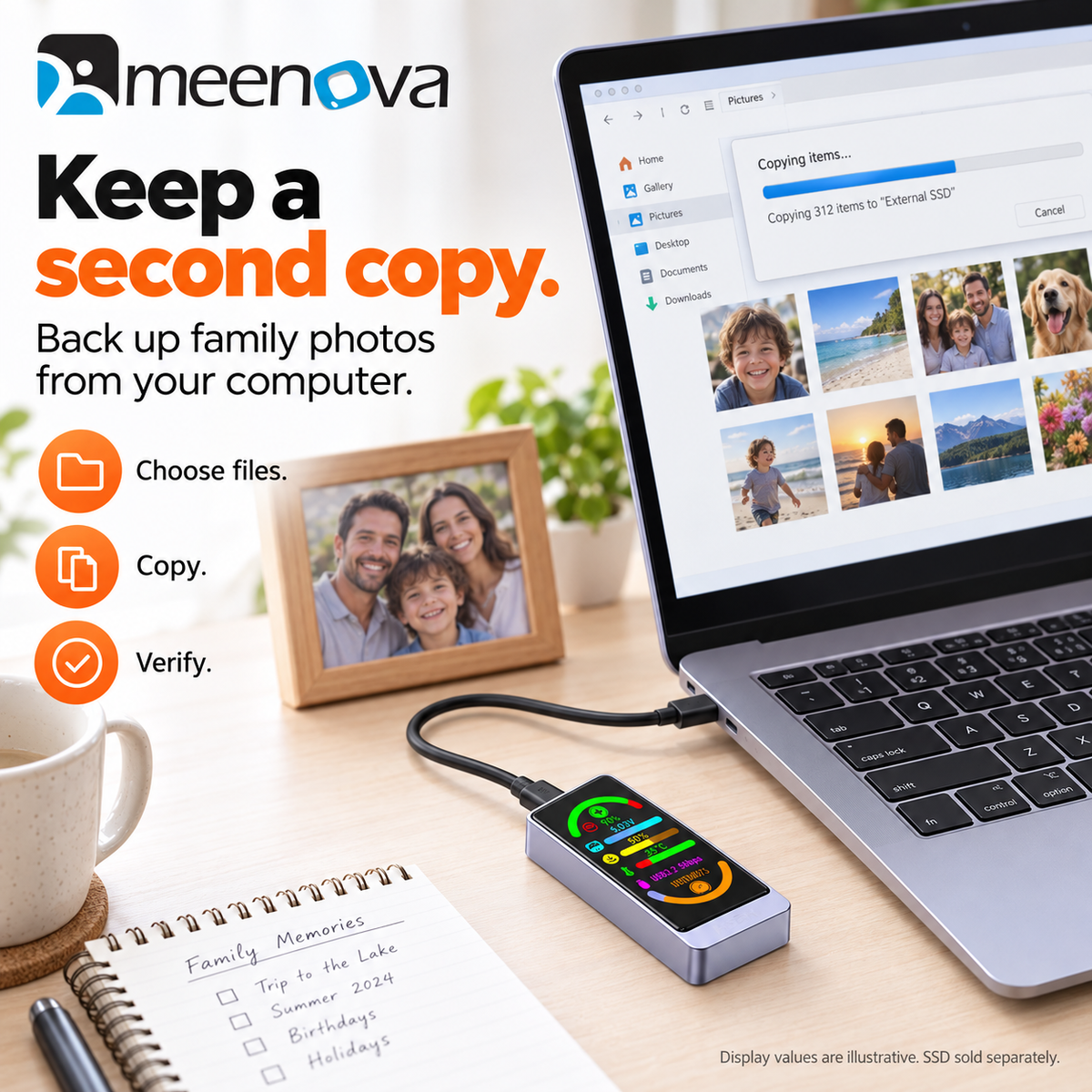 Meenova Smart Color Display M.2 SSD Enclosure, USB 3.2 Gen 2 10Gbps, NVMe/SATA, Real-Time Drive Health & Speed Monitor, Touch Encryption Options