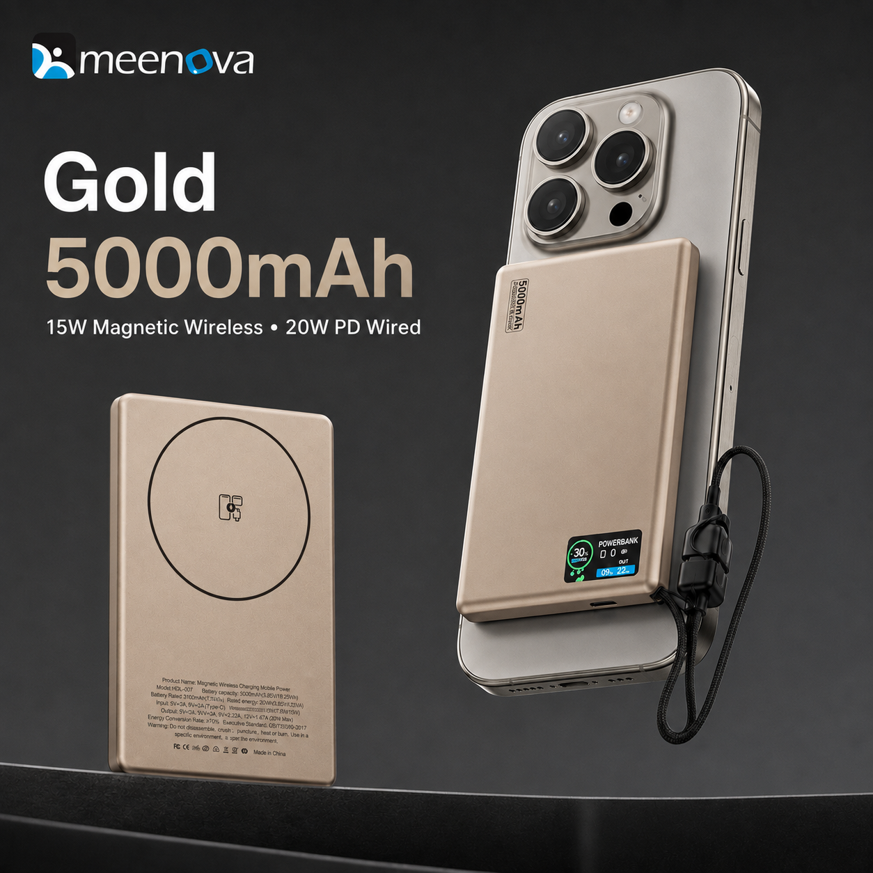 Meenova HDL-007 Ultra-Slim Magnetic Power Bank with Built-in USB-C Lanyard Cable, 15W Wireless Charging, 20W PD & TFT Display