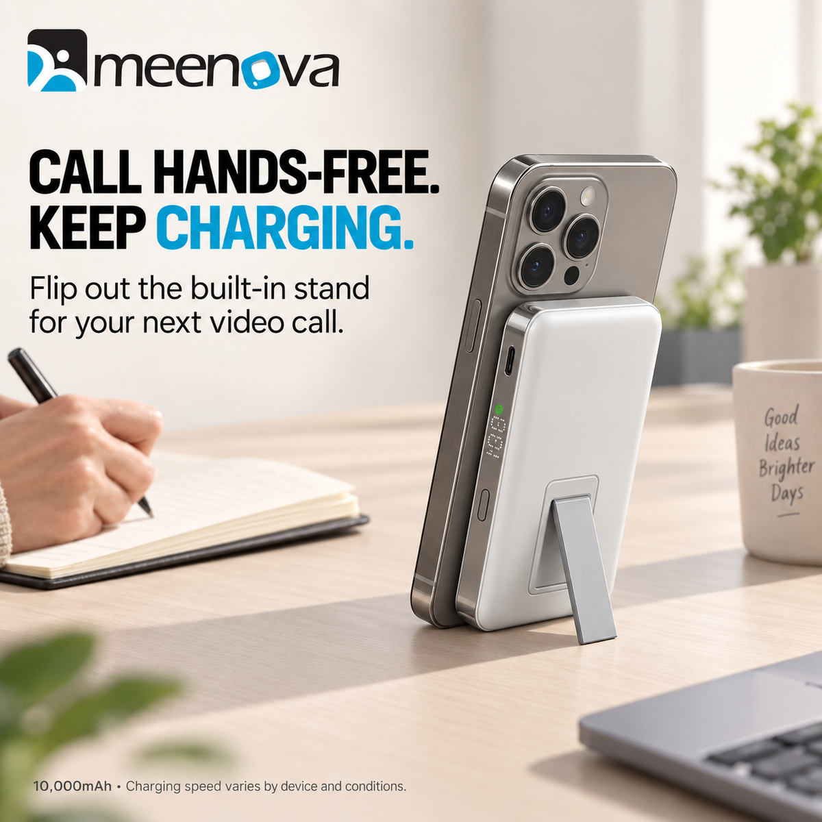 Meenova Qi2.2 25W Magnetic Power Bank 10000mAh with 35W PD Fast Charging, Detachable USB-C Cable & Kickstand