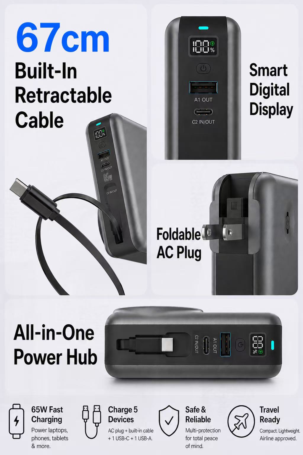 Meenova SolidPower X 10000mAh 5-in-1 Magnetic Power Bank & 65W Wall Charger, 25W Qi2.2, Built-In USB-C Cable