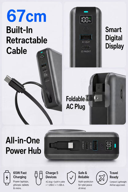 Meenova SolidPower X 10000mAh 5-in-1 Magnetic Power Bank & 65W Wall Charger, 25W Qi2.2, Built-In USB-C Cable