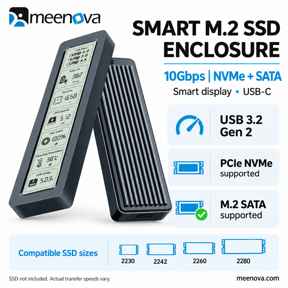Meenova Smart M.2 NVMe/SATA SSD Enclosure with Display, USB 3.2 Gen 2 10Gbps