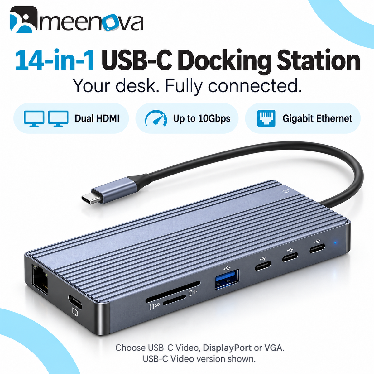 Meenova 14-in-1 USB-C Docking Station with Dual HDMI, 10Gbps USB & Gigabit Ethernet