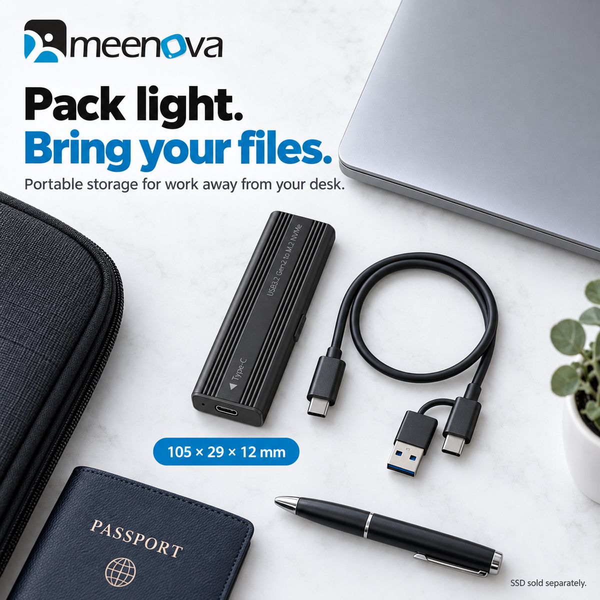 Meenova 10Gbps M.2 NVMe SSD Enclosure with C-C-A Cable – USB 3.2 Gen 2 Type-C Tool-Free Aluminum Case