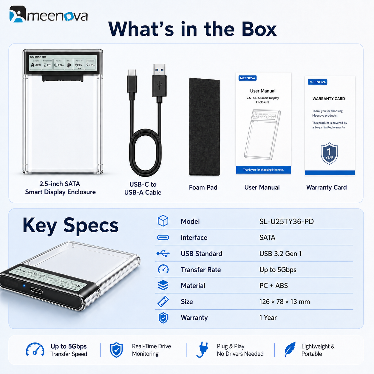 Meenova Smart Display 2.5" SATA HDD/SSD Enclosure – USB 3.2 Gen 1 5Gbps, Real-Time Drive Monitoring, Tool-Free External Hard Drive Case