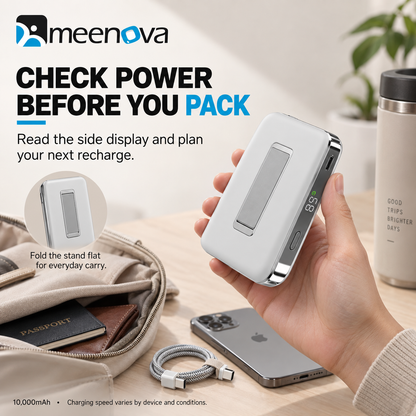 Meenova Qi2.2 25W Magnetic Power Bank 10000mAh with 35W PD Fast Charging, Detachable USB-C Cable & Kickstand