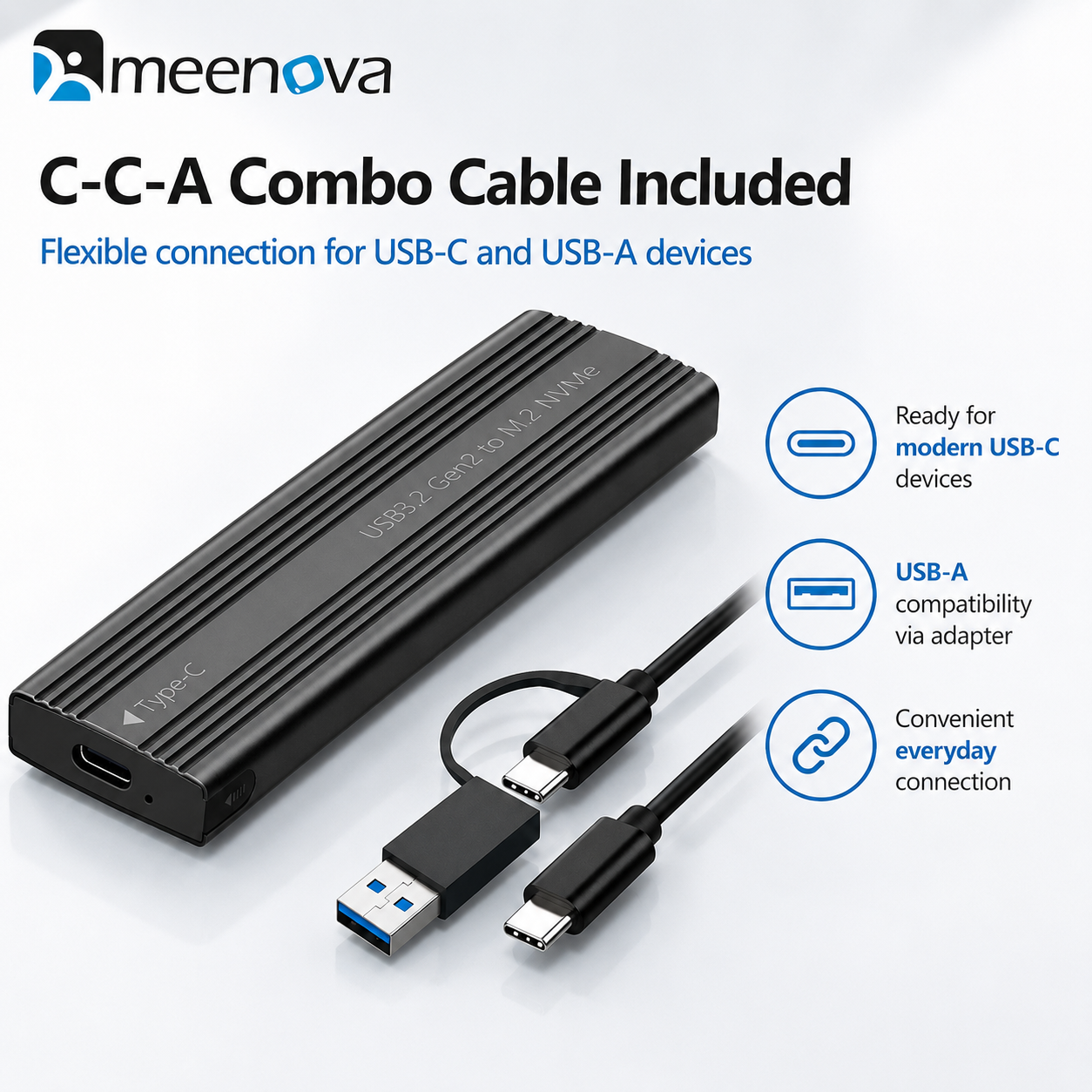 Meenova 10Gbps M.2 NVMe SSD Enclosure with C-C-A Cable – USB 3.2 Gen 2 Type-C Tool-Free Aluminum Case