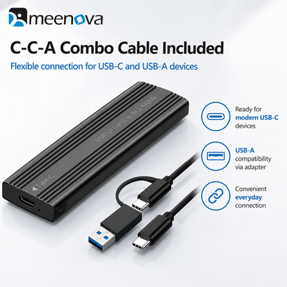 Meenova 10Gbps M.2 NVMe SSD Enclosure with C-C-A Cable – USB 3.2 Gen 2 Type-C Tool-Free Aluminum Case
