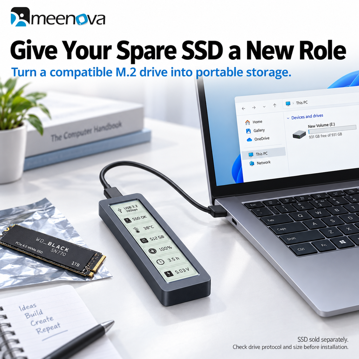 Meenova Smart M.2 NVMe/SATA SSD Enclosure with Display, USB 3.2 Gen 2 10Gbps