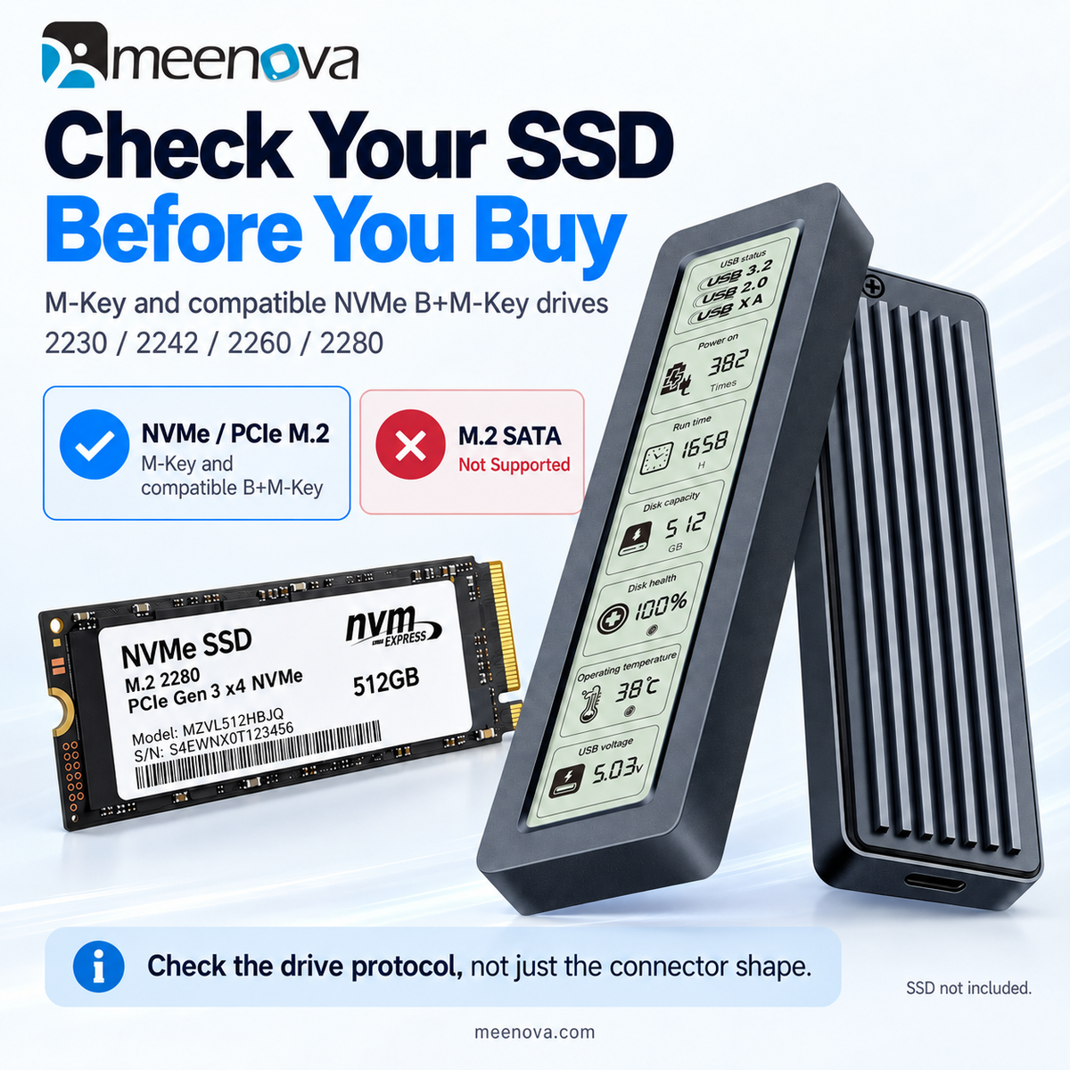 Meenova 10Gbps Smart Display NVMe M.2 SSD Enclosure – USB 3.2 Gen 2, UASP & TRIM, Aluminum Cooling, 2230/2242/2260/2280