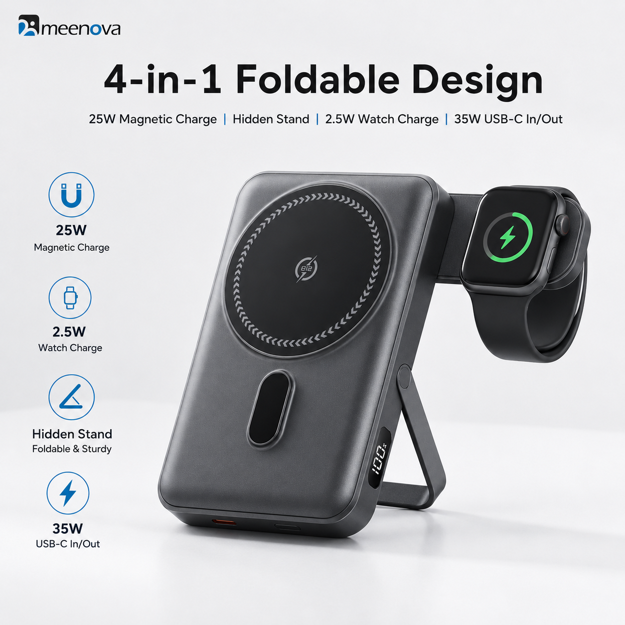 Meenova CK801 Qi2.2 25W Magnetic Wireless Power Bank 10000mAh with 35W USB-C Fast Charging, Apple Watch Charger & Foldable Stand