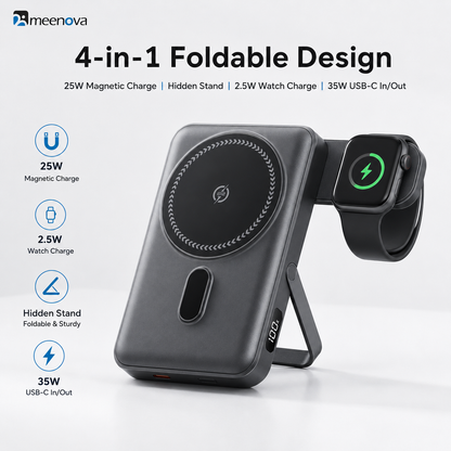 Meenova CK801 Qi2.2 25W Magnetic Wireless Power Bank 10000mAh with 35W USB-C Fast Charging, Apple Watch Charger & Foldable Stand