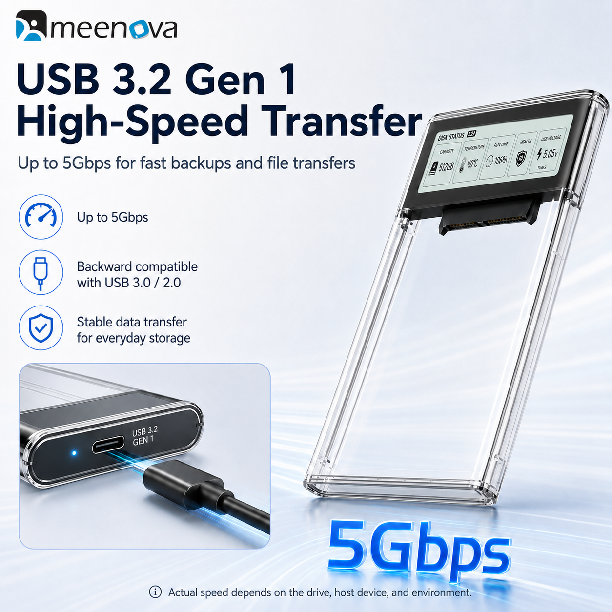 Meenova Smart Display 2.5" SATA HDD/SSD Enclosure – USB 3.2 Gen 1 5Gbps, Real-Time Drive Monitoring, Tool-Free External Hard Drive Case