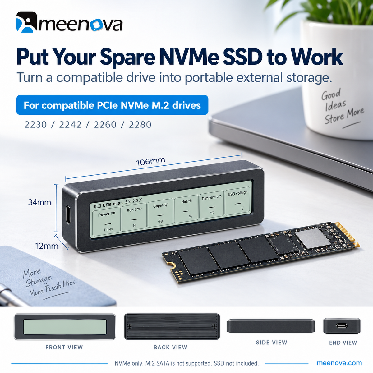 Meenova Smart Display M.2 NVMe SSD Enclosure, USB 3.2 Gen 2 10Gbps, All-Aluminum, M-Key & B+M Key, 2230/2242/2260/2280, Up to 8TB