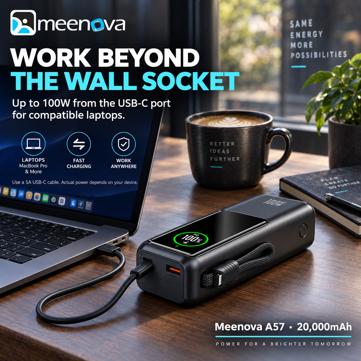 Meenova 20,000mAh 100W Travel Power Bank – Flight, Train & Subway Friendly, Compatible with iPhone 18 Pro Max, iPhone Duo, Apple & Samsung, Built-In Cable, Battery Display, PD/QC/PPS/SCP/FCP, USB-C & USB-A Charging for MacBook and iPad