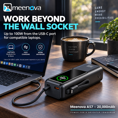 Meenova 20,000mAh 100W Travel Power Bank – Flight, Train & Subway Friendly, Compatible with iPhone 18 Pro Max, iPhone Duo, Apple & Samsung, Built-In Cable, Battery Display, PD/QC/PPS/SCP/FCP, USB-C & USB-A Charging for MacBook and iPad
