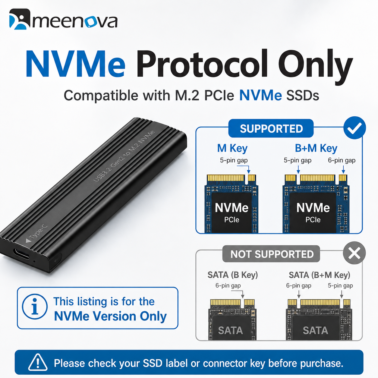 Meenova 10Gbps M.2 NVMe SSD Enclosure with C-C-A Cable – USB 3.2 Gen 2 Type-C Tool-Free Aluminum Case