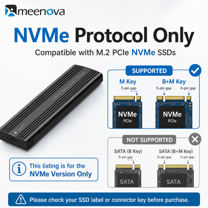 Meenova 10Gbps M.2 NVMe SSD Enclosure with C-C-A Cable – USB 3.2 Gen 2 Type-C Tool-Free Aluminum Case