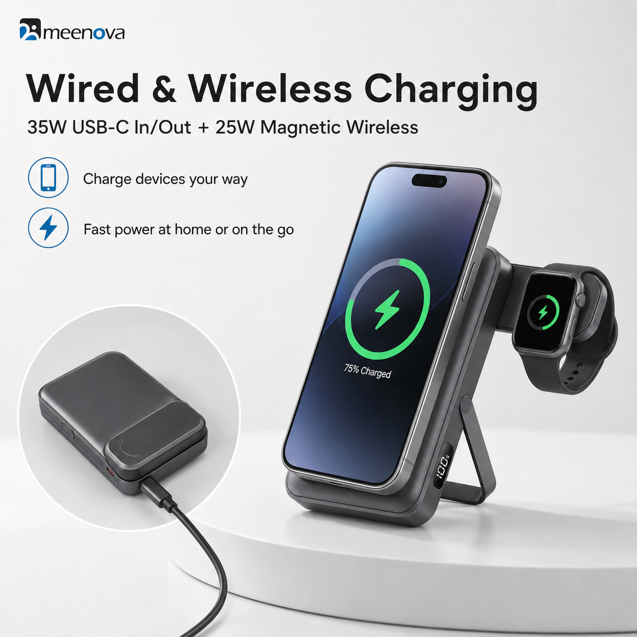 Meenova CK801 Qi2.2 25W Magnetic Wireless Power Bank 10000mAh with 35W USB-C Fast Charging, Apple Watch Charger & Foldable Stand