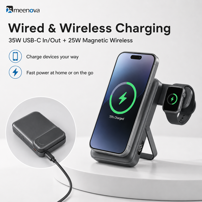 Meenova CK801 Qi2.2 25W Magnetic Wireless Power Bank 10000mAh with 35W USB-C Fast Charging, Apple Watch Charger & Foldable Stand