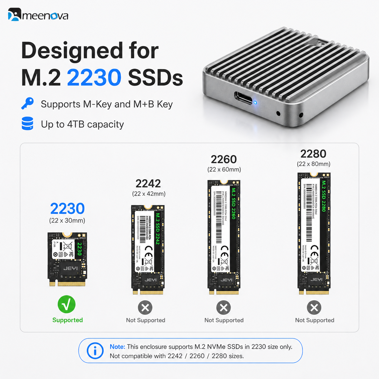 meenova M23 M.2 2230 SSD Enclosure – 10Gbps USB 3.2 Gen 2, NVMe / NVMe + SATA NGFF, Aluminum External SSD Case, Up to 4TB