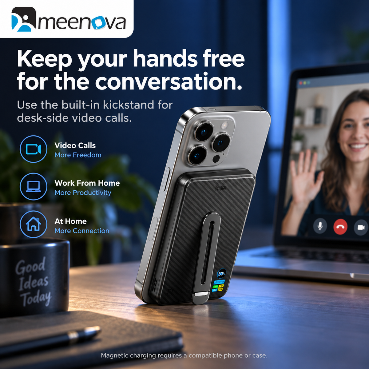 Meenova Qi2 15W Magnetic Wireless Power Bank with TFT Display & 360° Kickstand – 10000mAh, Magsafe Powerbank Portable Charger for iPhone 18 Pro Max & iPhone Duo