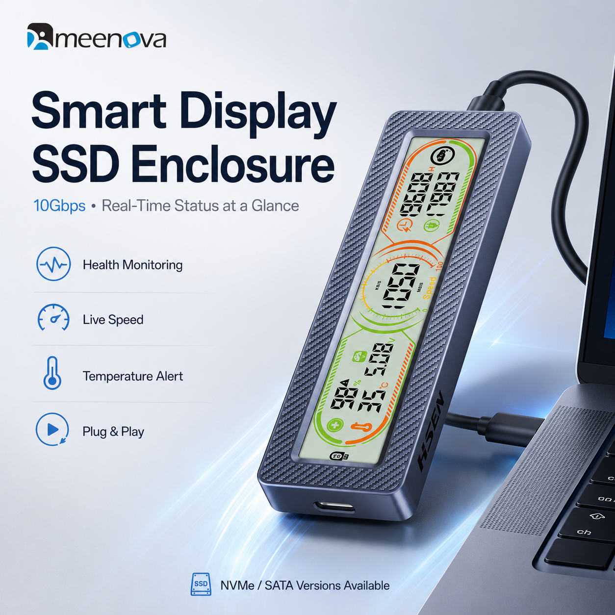 Meenova Smart Display M.2 SSD Enclosure – 10Gbps USB 3.2 Gen 2, Real-Time Health, Speed, Temperature & Voltage Monitor, NVMe / NVMe SATA