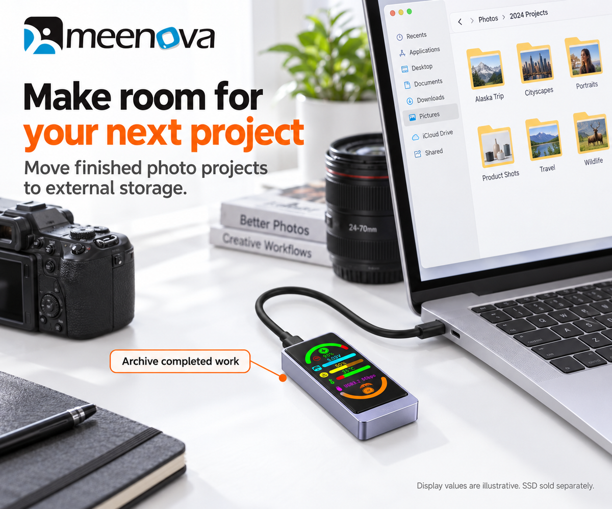 Meenova Smart Color Display M.2 SSD Enclosure, USB 3.2 Gen 2 10Gbps, NVMe/SATA, Real-Time Drive Health & Speed Monitor, Touch Encryption Options