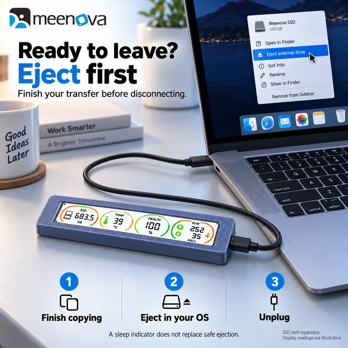 Meenova Smart Display M.2 SSD Enclosure – 10Gbps USB 3.2 Gen 2, Real-Time Health, Speed, Temperature & Voltage Monitor, NVMe / NVMe SATA
