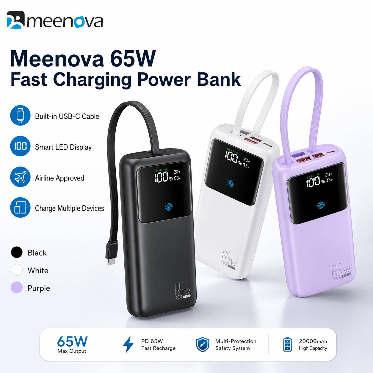 Meenova 65W 24000mAh Laptop Power Bank with Built-in USB-C Cable, PD Fast Charging, 2 USB-A Ports & Smart Digital Display