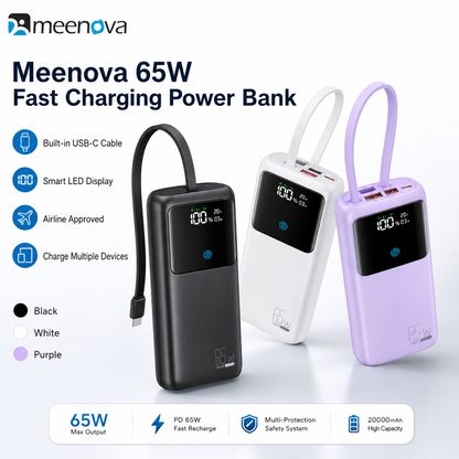 Meenova 65W 20000mAh Laptop Power Bank with Built-in USB-C Cable, PD Fast Charging, 2 USB-A Ports & Smart Digital Display, Portable Charger for iPhone 18 Pro Max, iPhone Duo, Laptop & Tablet